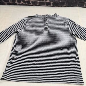 LOFT Womens Striped Long Sleeve Henley Top Black Gray Size M Button